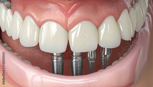 Isolated set of white teeth and dental implant 