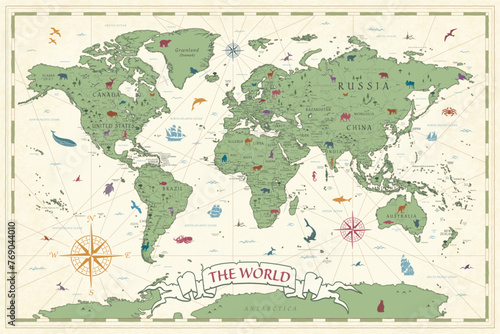 World Map Vintage Ancient Cartoon - Vector Illustration. Sepia and Colors