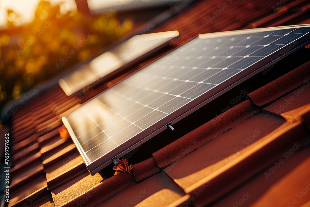 Close Up Of Solar Panel On House Roof Clean Energy Technology For