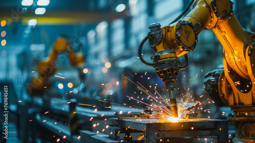 In the factory, the AI robotic arm skillfully welds steel components, creating sparks that illuminate the manufacturing floor