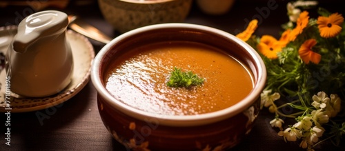 A bowl of Ezogelin soup is placed on a table alongside a cup of coffee. The traditional Turkish dish combines lentils, bulgur, and spices