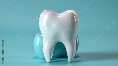 Representing dental examination, health, and hygiene, this 3D illustration features a healthy tooth against a blue background in vector format.