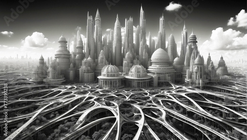 Ciudad futurista con arquitectura avanzada y autopistas entrelazadas, ciencia ficción.