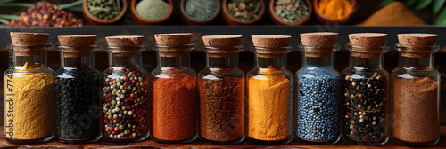 Close-Up of a Variety of Spices Dust or Grain in Bottles ,
Spices on a table with a pot of herbs and spices
