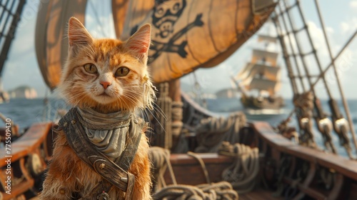 Captain cat on pirate boat.