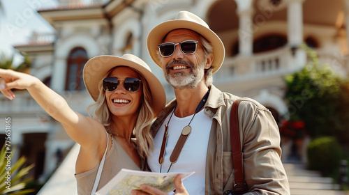 A senior couple man and woman, both wearing hats and sunglasses, share a smile while holding a world map, exploring new destinations in a sunlit urban setting.