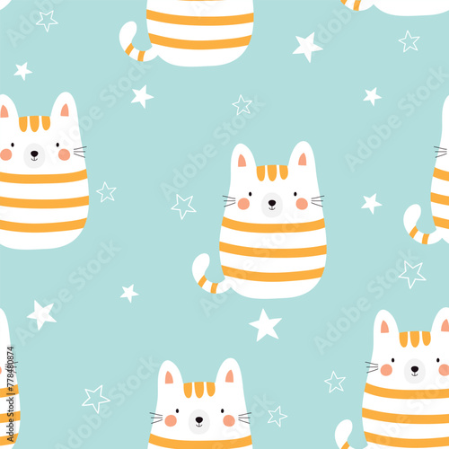 Seamless pattern with cute cats and stars. Childish vector illustration. It can be used for wallpapers, wrapping, cards, patterns for clothes and other.