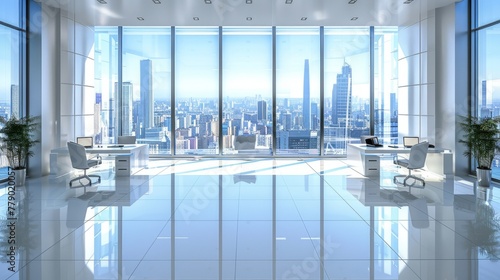3D rendering of a modern office interior with large windows and a view of the city