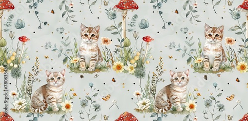  Lovely, pretty watercolor seamless pattern  of cat and flowers, leaves, mushrooms. For fabric, silk, printing.