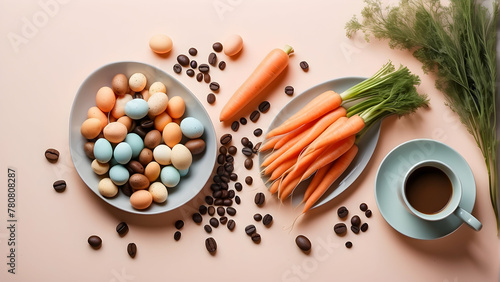 A vibrant orange carrots tied in a plate and coffee beans spilling around, and pastel Easter eggs on a pink backdrop
