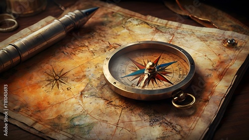 "Nautical Compass on Vintage World Map : old compass on map