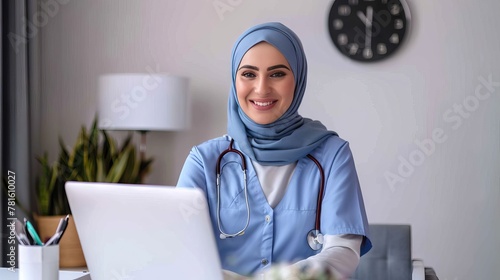 muslim nurse sitting at a desk with a laptop