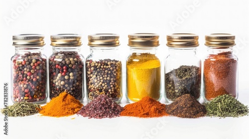 A collection of colorful spices, arranged in jars and ready to add depth and flavor to your culinary creations. Isolated on pure white background.