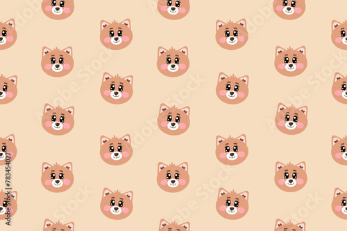 Seamless pattern with cute kawaii brown cat, kitty, kitten face, head for nursery, print or textile for kids. Vector illustration for baby, children on beige background