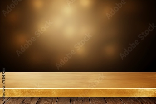 Gold background with a wooden table, product display template. gold background with a wood floor. Gold and white photo