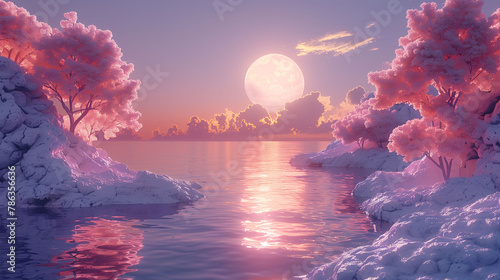 A serene landscape featuring pink-hued trees on snowy islands, reflecting in calm waters under a large moon at sunset.
