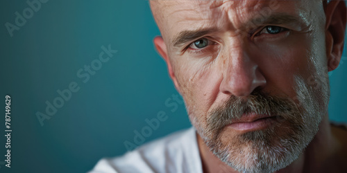 A sad middle-aged man with baldness on colored background. Banner template for scalp hair restoration products and procedures.