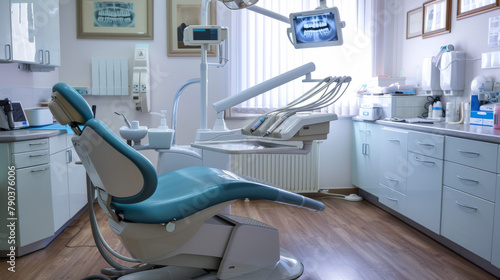 A dentist's office with a blue chair and an x-ray machine, AI