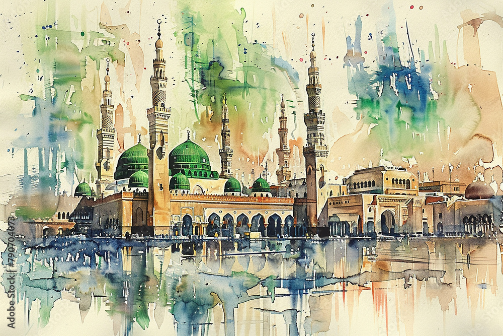 Watercolor Hand Draw The Prophets Mosque Masjid An Nabawi In Medina