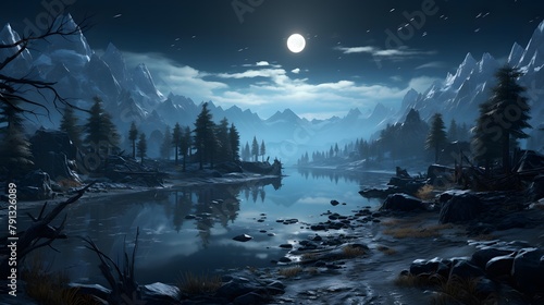 Panorama of a mountain lake in the forest at night with a full moon