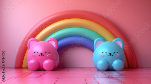 Rainbow with Blue and Pink Toy Cats in a Pink Room