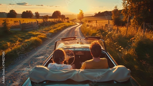 couple enjoying a scenic countryside drive in a classic convertible car romantic adventure