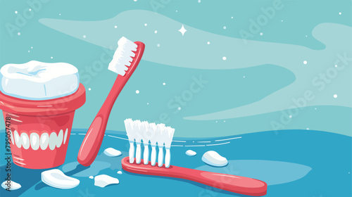 Tooth brushes with paste on color background Vector illustration