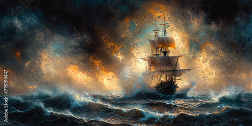 A pirate ship sails on stormy seas, 