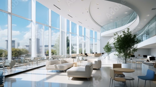 b'An illustration of a modern office interior with large windows'
