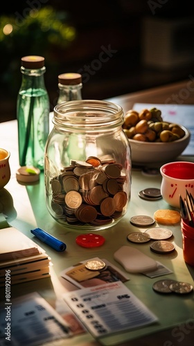 A glass jar filled with coins sits on a table