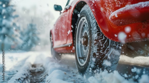 car driving in the snow, close-up of tires