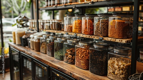 A shelf filled with jars of food and other items on it, AI