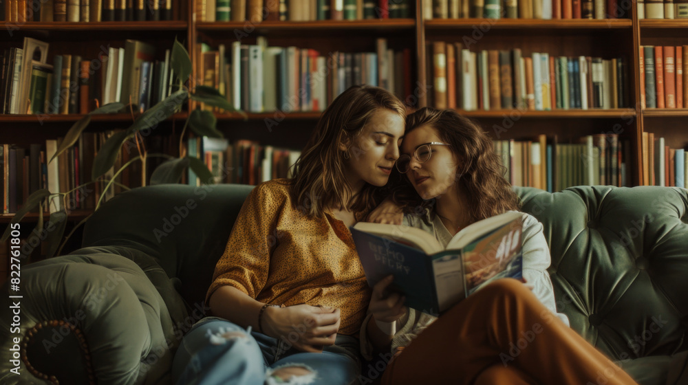 Lesbian Couple Reading Books Together In A Quiet Library Beautiful Landscape Photography Fine