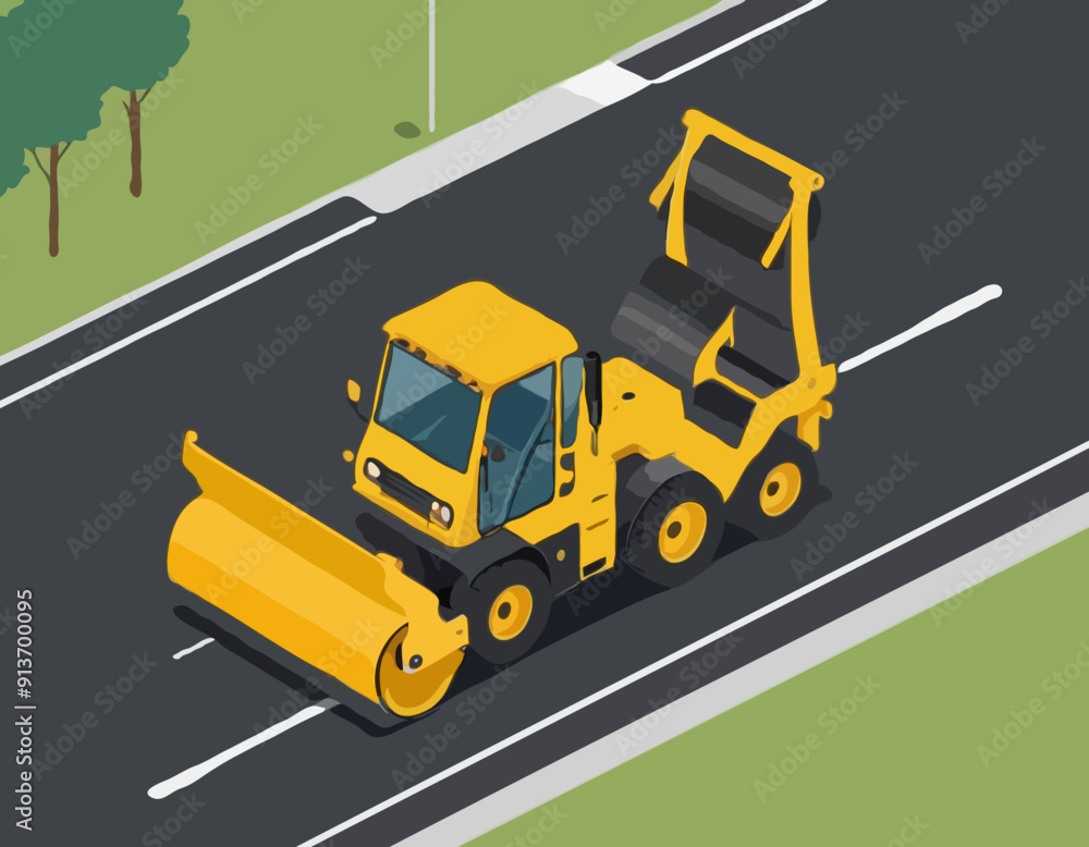 Yellow Steamroller For Paving Asphalt Road Work In 3d Isometric Scene