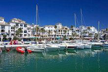 Boats And Yachts Moored In Duquesa Port In Spain On The Costa De