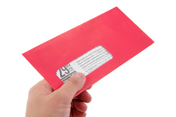 Wall Mural - hand hold red advertising envelope