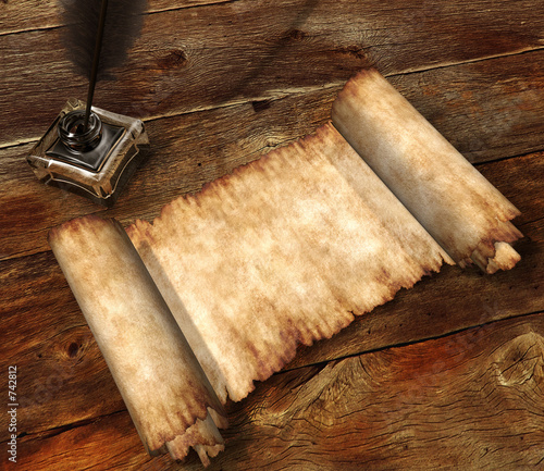 Tapeta ścienna na wymiar roll of parchment on wooden table 3d still-life
