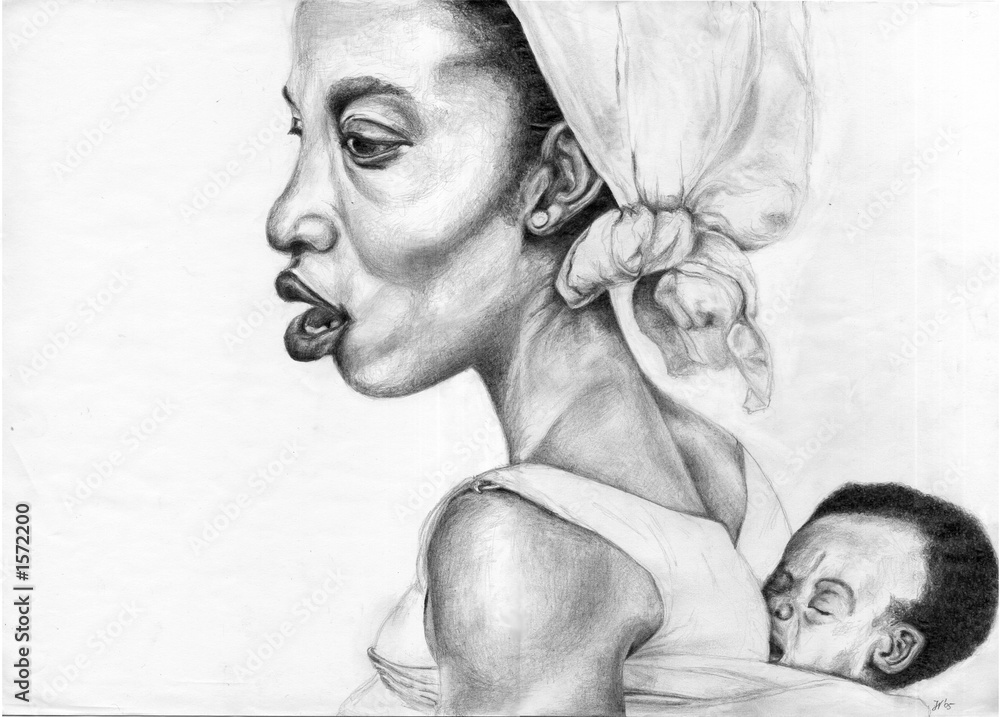 african woman with child - drawing