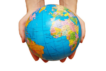 pair of hands holding the globe isolated on white