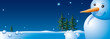 Snowman on the background of fir trees, night sky and stars.