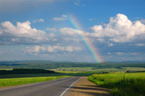 Fototapeta Tęcza - road, clouds and rainbow