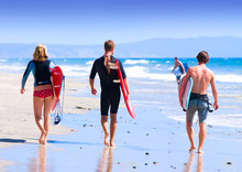 Three Young Surfers Walking On Beach ~ Image For Editorial Use O