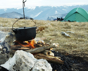 campfire and tent