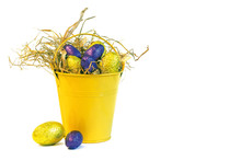 Yellow Bucket With Yellow And Purple Easter Eggs
