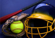 helmet, softball, glove and bat