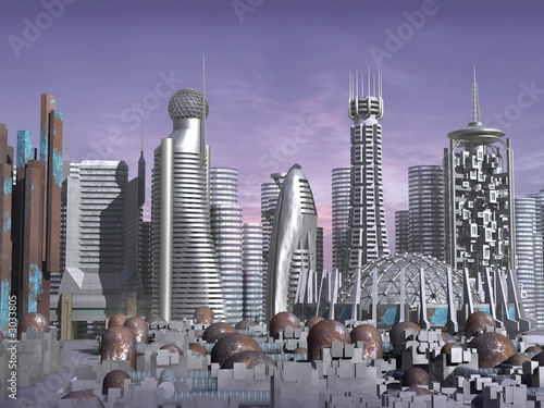 Fotoboard na płycie 3d model fantastyka naukowa miasto z futurystycznym drapaczem chmur