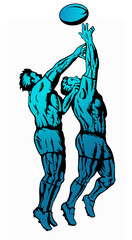 Poster - rugby 2 players jumping lineout blue