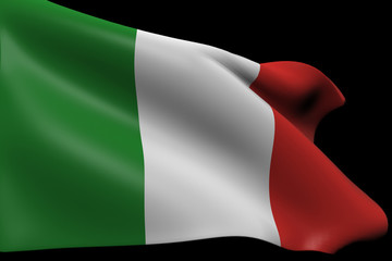 Bandiera italiana. Render 3D del tricolore italiano che si piega al vento, su sfondo nero. Perfetto per progetti di design patriottico e nazionalistico.