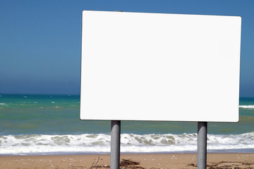 advertising board on background blue sky and ocean