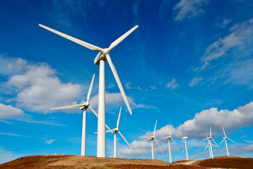 Wind turbines farm on sunset in winter